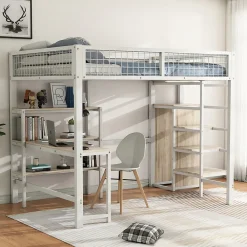 Lit Mezzanine 140 x 200 cm - Lit avec Bureau et Étagères - Métal + MDF - Sans Matelas - Blanc>Generique Sale
