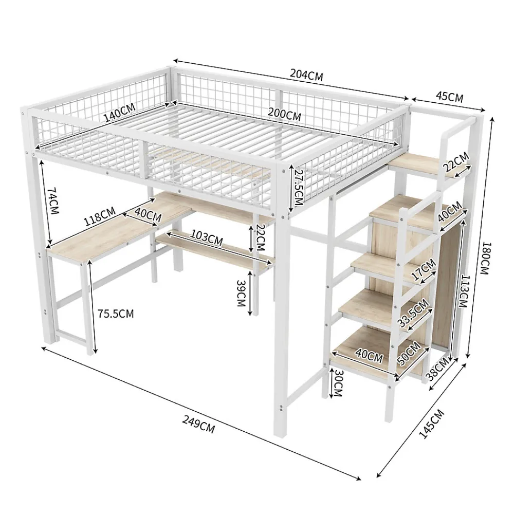 Lit Mezzanine 140 x 200 cm - Lit avec Bureau et Étagères - Métal + MDF - Sans Matelas - Blanc>Generique Sale