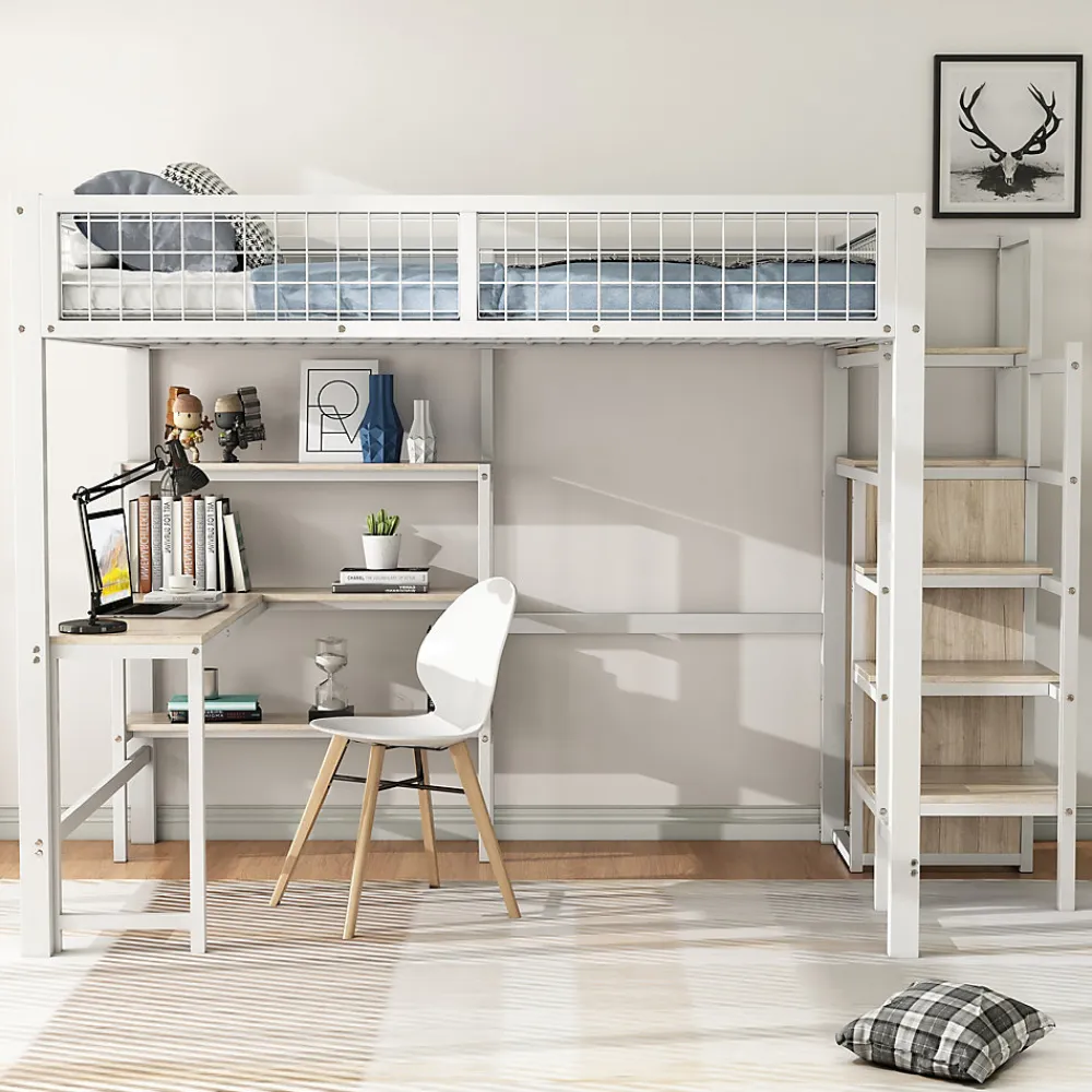 Lit Mezzanine 140 x 200 cm - Lit avec Bureau et Étagères - Métal + MDF - Sans Matelas - Blanc>Generique Sale