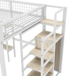 Lit Mezzanine 140 x 200 cm - Lit avec Bureau et Étagères - Métal + MDF - Sans Matelas - Blanc><noscript><img width=