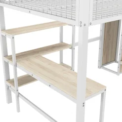 Lit Mezzanine 140 x 200 cm - Lit avec Bureau et Étagères - Métal + MDF - Sans Matelas - Blanc><noscript><img width=