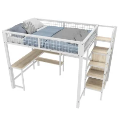 Lit Mezzanine 140 x 200 cm - Lit avec Bureau et Étagères - Métal + MDF - Sans Matelas - Blanc><noscript><img width=