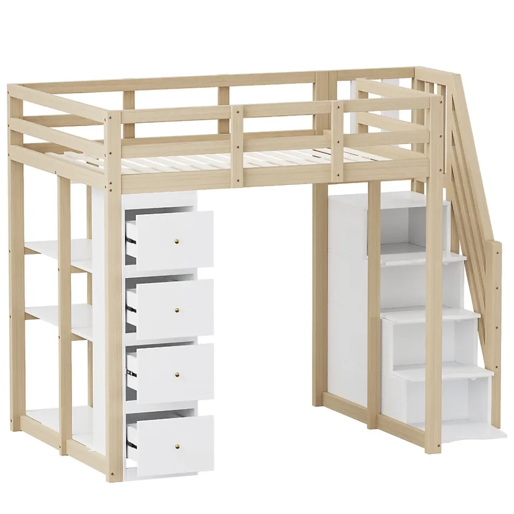 Okwish Lit Mezzanine 140 x 200 cm - Lit Mezzanine Ado avec Commode, Tiroirs et Étagères - Échelle Antidérapante Sécurité - Bois Blanc* Lit Mezzanine
