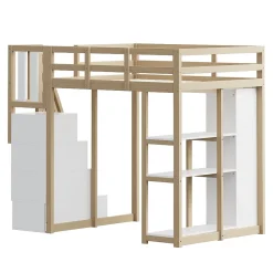 Okwish Lit Mezzanine 140 x 200 cm - Lit Mezzanine Ado avec Commode, Tiroirs et Étagères - Échelle Antidérapante Sécurité - Bois Blanc* Lit Mezzanine