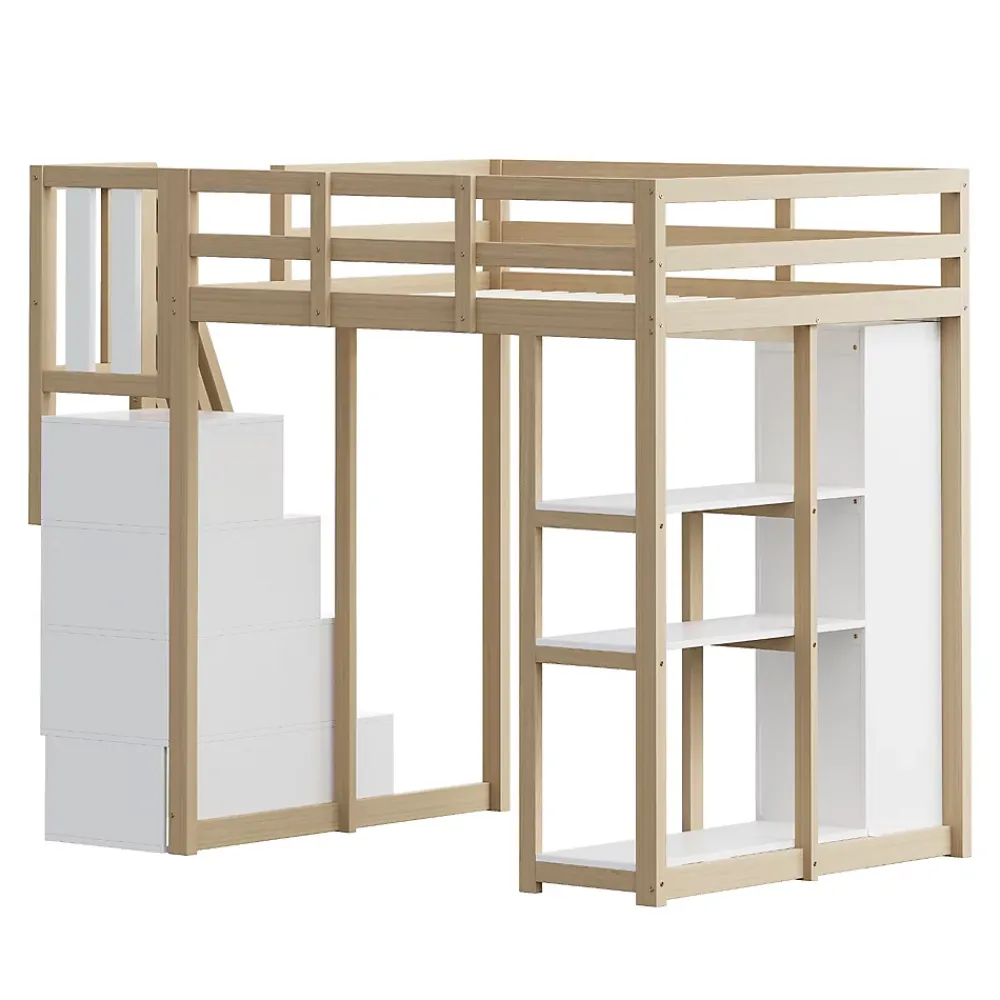 Okwish Lit Mezzanine 140 x 200 cm - Lit Mezzanine Ado avec Commode, Tiroirs et Étagères - Échelle Antidérapante Sécurité - Bois Blanc* Lit Mezzanine