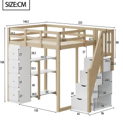 Okwish Lit Mezzanine 140 x 200 cm - Lit Mezzanine Ado avec Commode, Tiroirs et Étagères - Échelle Antidérapante Sécurité - Bois Blanc* Lit Mezzanine