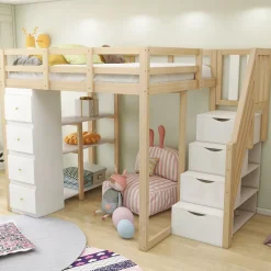 Okwish Lit Mezzanine 140 x 200 cm - Lit Mezzanine Ado avec Commode, Tiroirs et Étagères - Échelle Antidérapante Sécurité - Bois Blanc* Lit Mezzanine