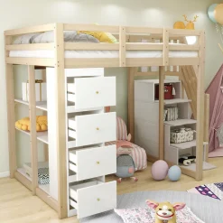 Okwish Lit Mezzanine 140 x 200 cm - Lit Mezzanine Ado avec Commode, Tiroirs et Étagères - Échelle Antidérapante Sécurité - Bois Blanc* Lit Mezzanine