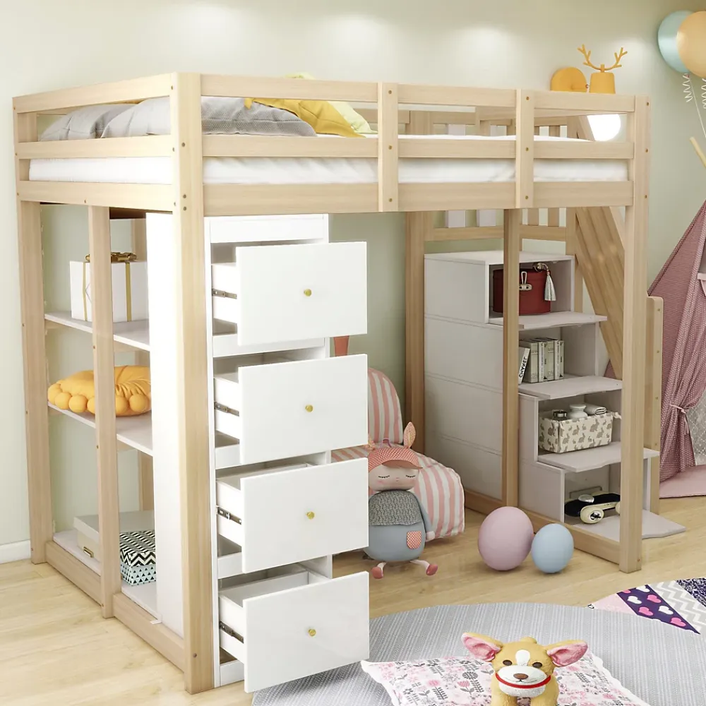Okwish Lit Mezzanine 140 x 200 cm - Lit Mezzanine Ado avec Commode, Tiroirs et Étagères - Échelle Antidérapante Sécurité - Bois Blanc* Lit Mezzanine