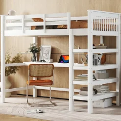 Generique Lit Mezzanine 90 x 200 cm - Lit enfant avec Bureau et Rangements - Pin + MDF - Sans Matelas - Blanc* Lit Mezzanine