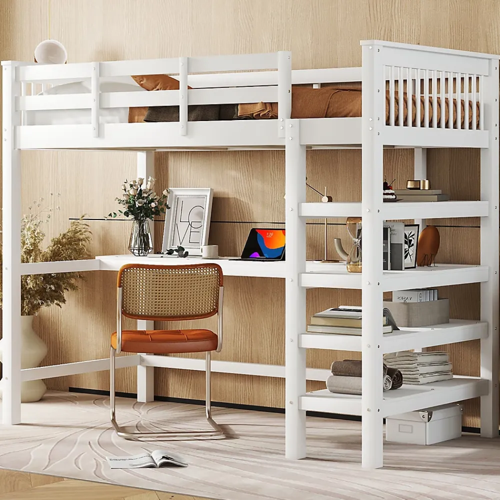 Generique Lit Mezzanine 90 x 200 cm - Lit enfant avec Bureau et Rangements - Pin + MDF - Sans Matelas - Blanc* Lit Mezzanine