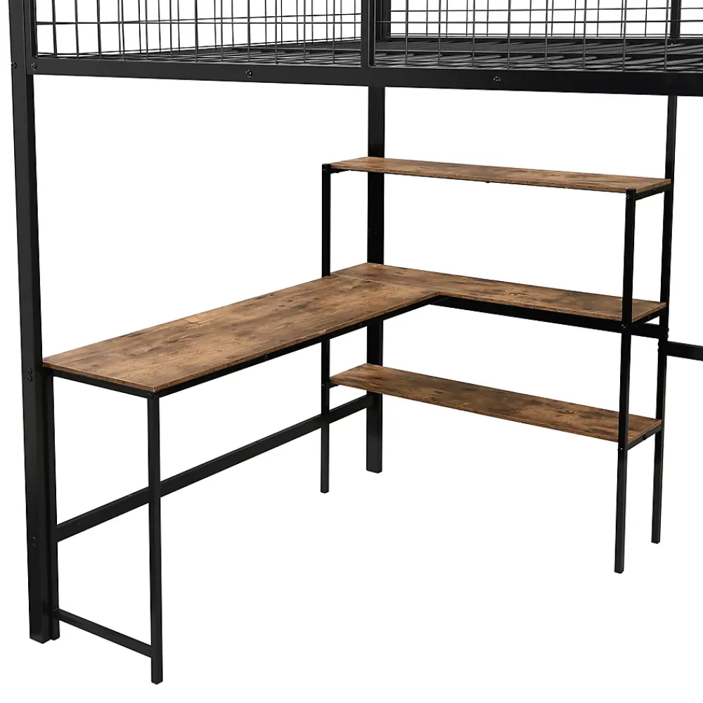 Okwish Lit Mezzanine 140 x 200 cm - Lit avec Bureau et Étagères - Métal + MDF - Sans Matelas - Noir* Lit Mezzanine