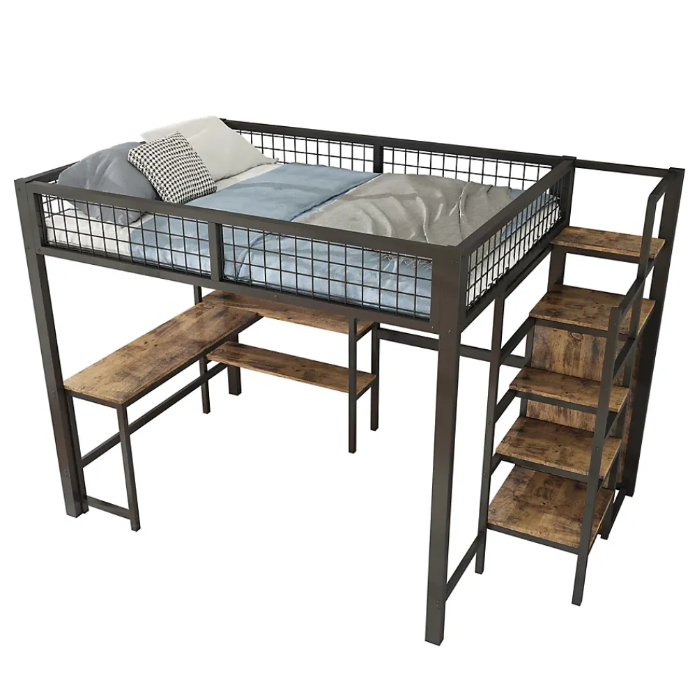 Okwish Lit Mezzanine 140 x 200 cm - Lit avec Bureau et Étagères - Métal + MDF - Sans Matelas - Noir* Lit Mezzanine