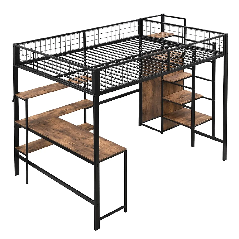 Okwish Lit Mezzanine 140 x 200 cm - Lit avec Bureau et Étagères - Métal + MDF - Sans Matelas - Noir* Lit Mezzanine