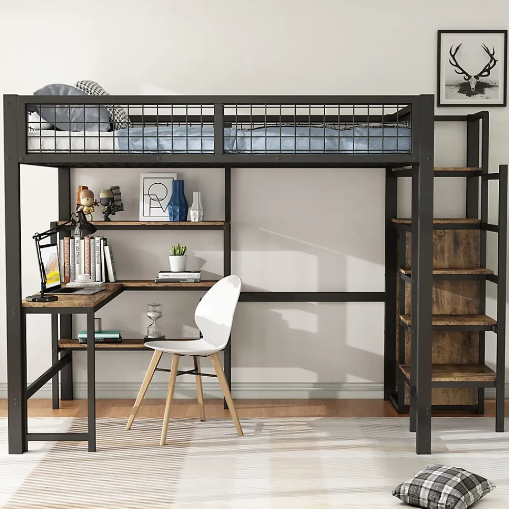 Okwish Lit Mezzanine 140 x 200 cm - Lit avec Bureau et Étagères - Métal + MDF - Sans Matelas - Noir* Lit Mezzanine