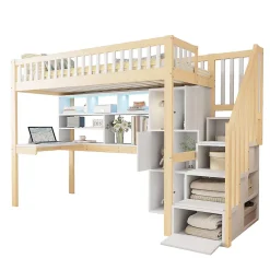 Okwish Lit Mezzanine 90 x 200 cm - Lit Simple avec Bureau, Placard et Étagères, LED Intégrée - Bois Blanc+Nature* Lit Mezzanine