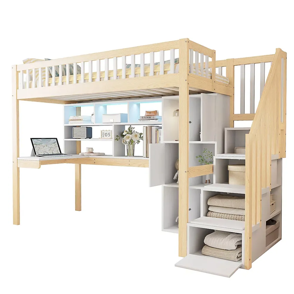 Okwish Lit Mezzanine 90 x 200 cm - Lit Simple avec Bureau, Placard et Étagères, LED Intégrée - Bois Blanc+Nature* Lit Mezzanine