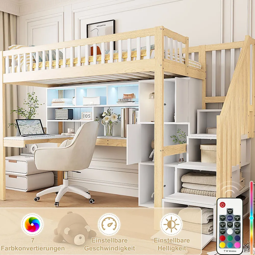 Okwish Lit Mezzanine 90 x 200 cm - Lit Simple avec Bureau, Placard et Étagères, LED Intégrée - Bois Blanc+Nature* Lit Mezzanine