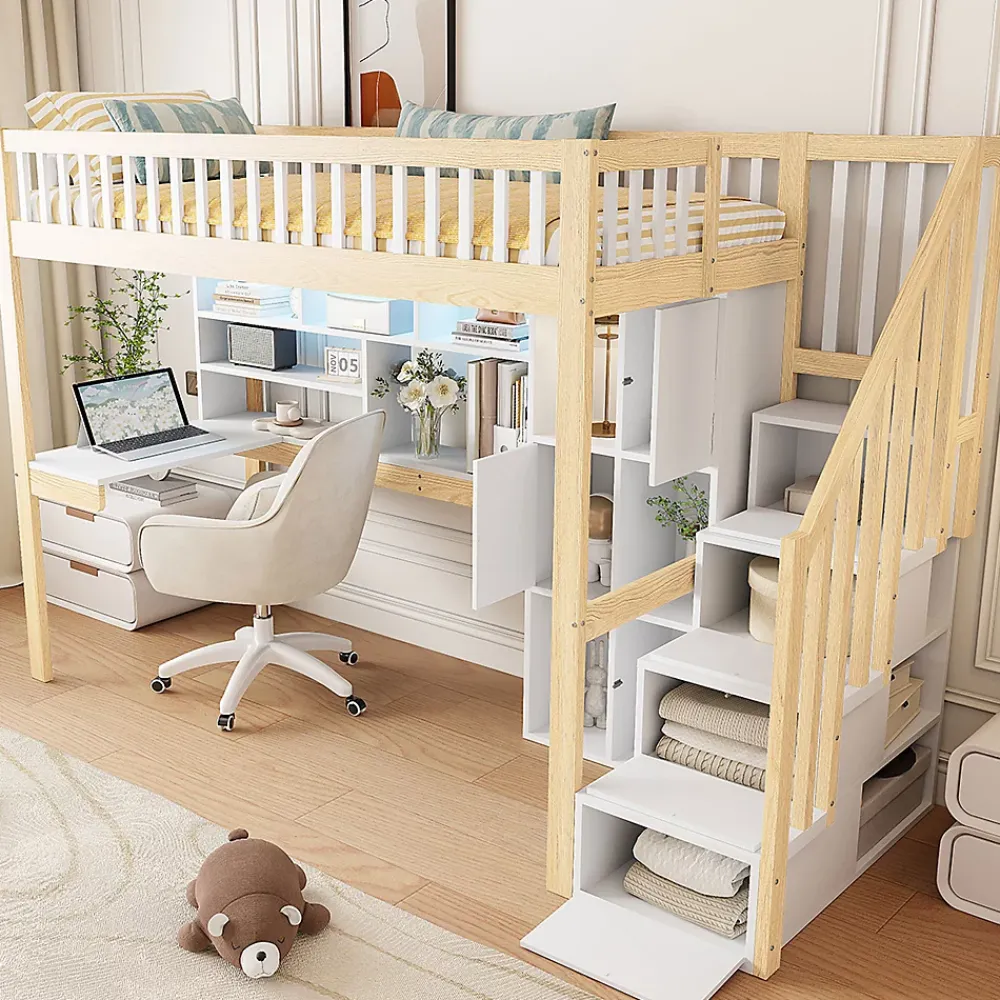 Okwish Lit Mezzanine 90 x 200 cm - Lit Simple avec Bureau, Placard et Étagères, LED Intégrée - Bois Blanc+Nature* Lit Mezzanine