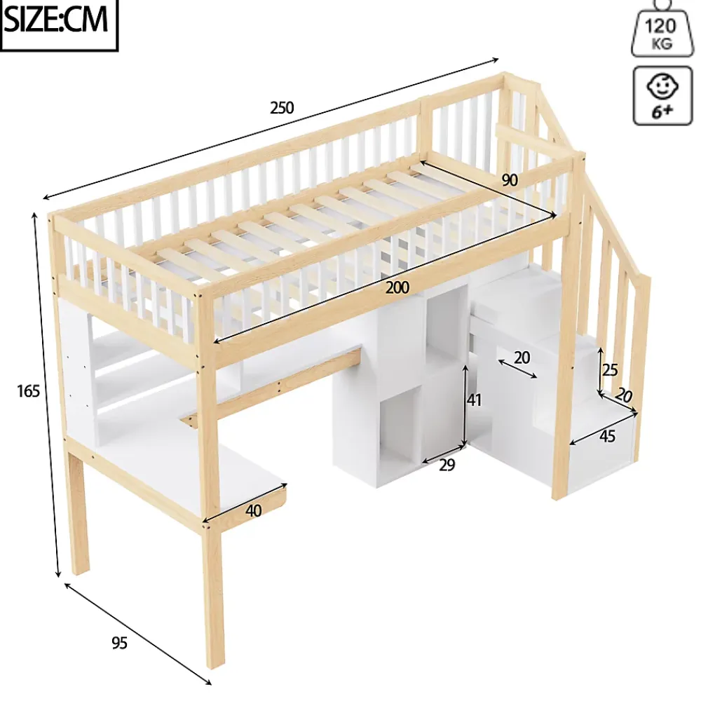 Okwish Lit Mezzanine 90 x 200 cm - Lit Simple avec Bureau, Placard et Étagères, LED Intégrée - Bois Blanc+Nature* Lit Mezzanine