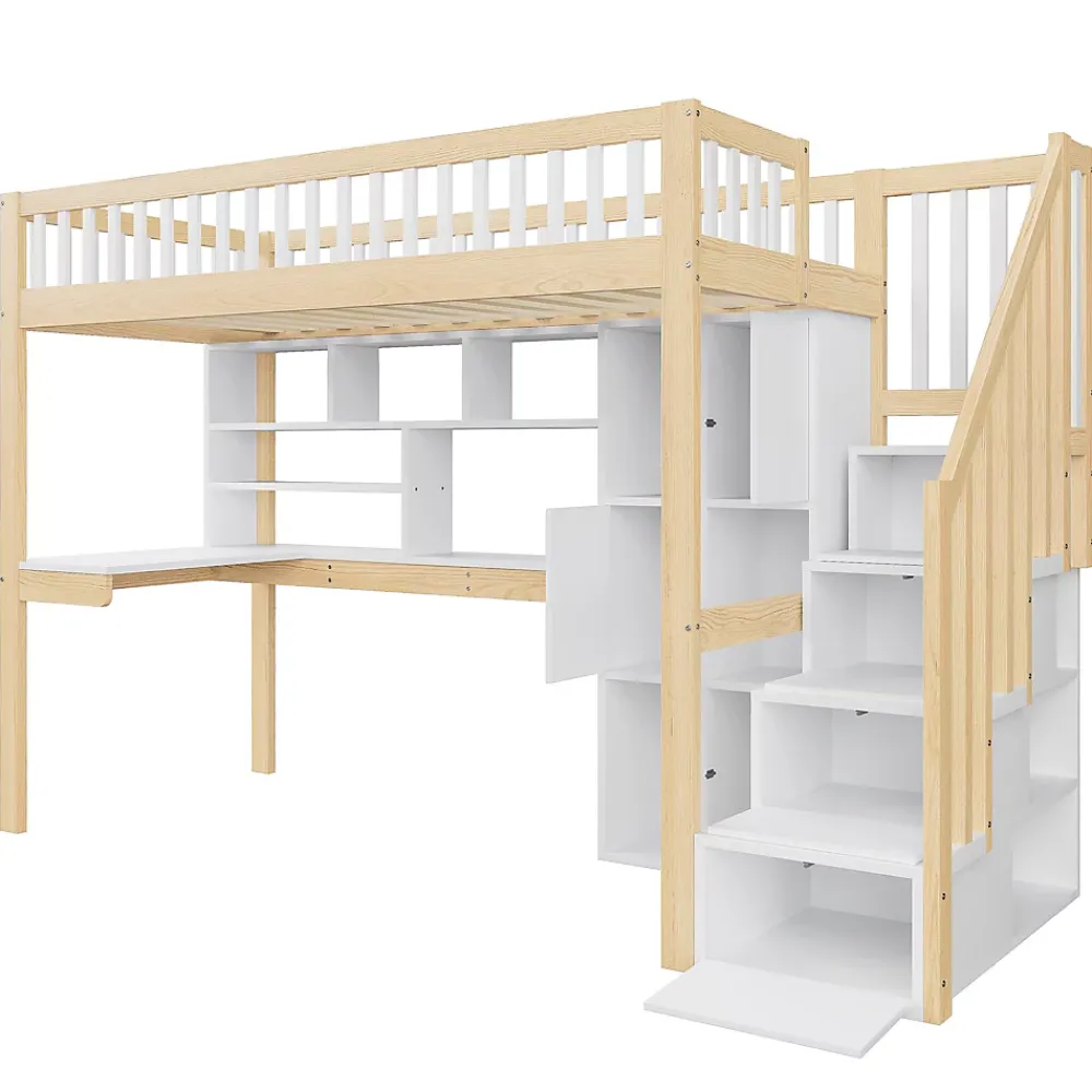 Okwish Lit Mezzanine 90 x 200 cm - Lit Simple avec Bureau, Placard et Étagères, LED Intégrée - Bois Blanc+Nature* Lit Mezzanine