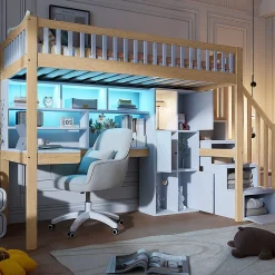 Okwish Lit Mezzanine 90 x 200 cm - Lit Simple avec Bureau, Placard et Étagères, LED Intégrée - Bois Blanc+Nature* Lit Mezzanine