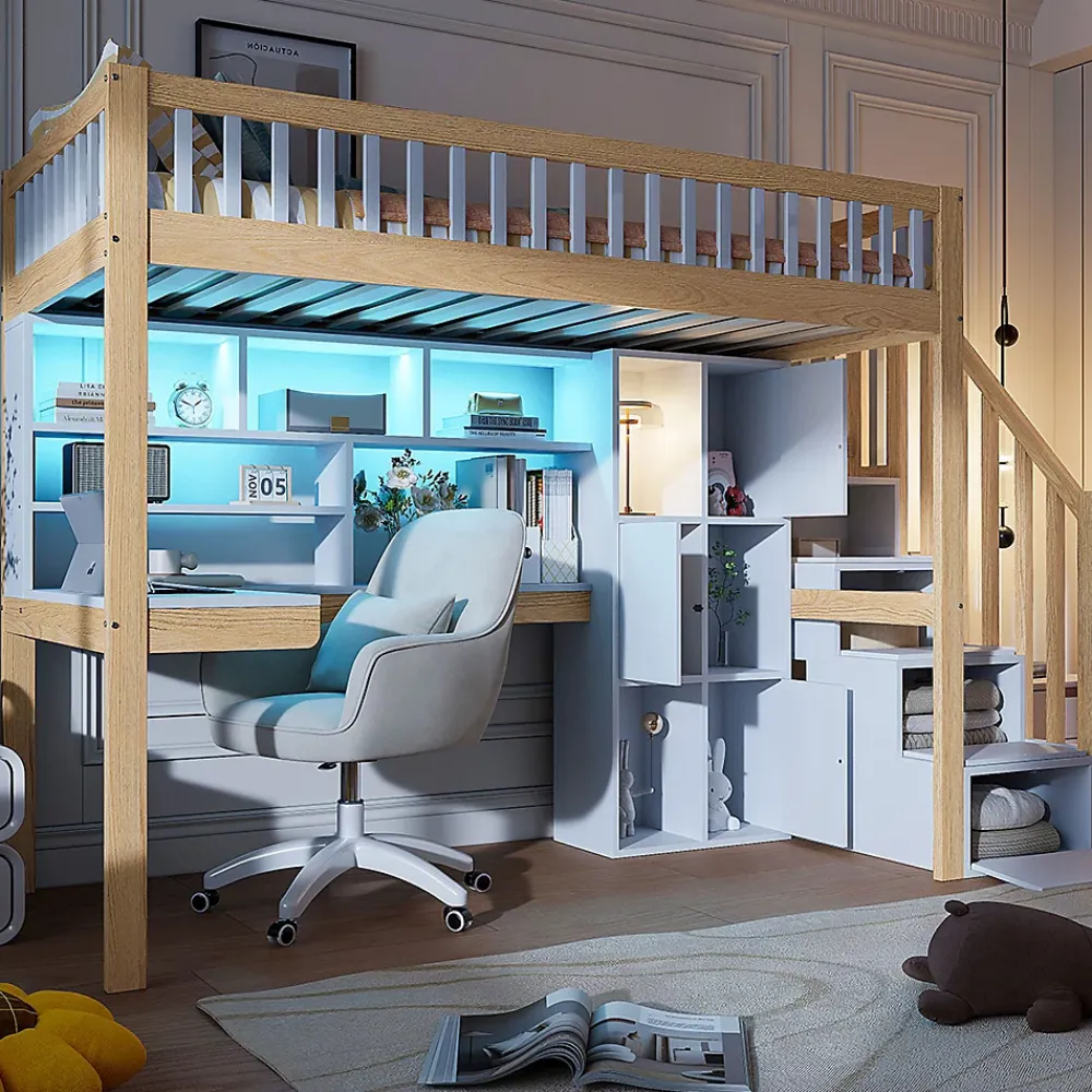 Okwish Lit Mezzanine 90 x 200 cm - Lit Simple avec Bureau, Placard et Étagères, LED Intégrée - Bois Blanc+Nature* Lit Mezzanine