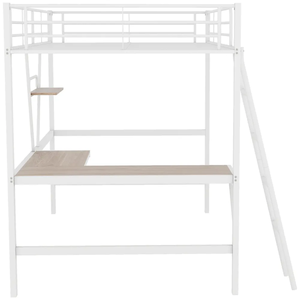 Generique Lit Mezzanine 90 x 200 cm - Lit avec Bureau en L et Étagère - Métal + MDF - Sans Matelas - Blanc* Lit Mezzanine