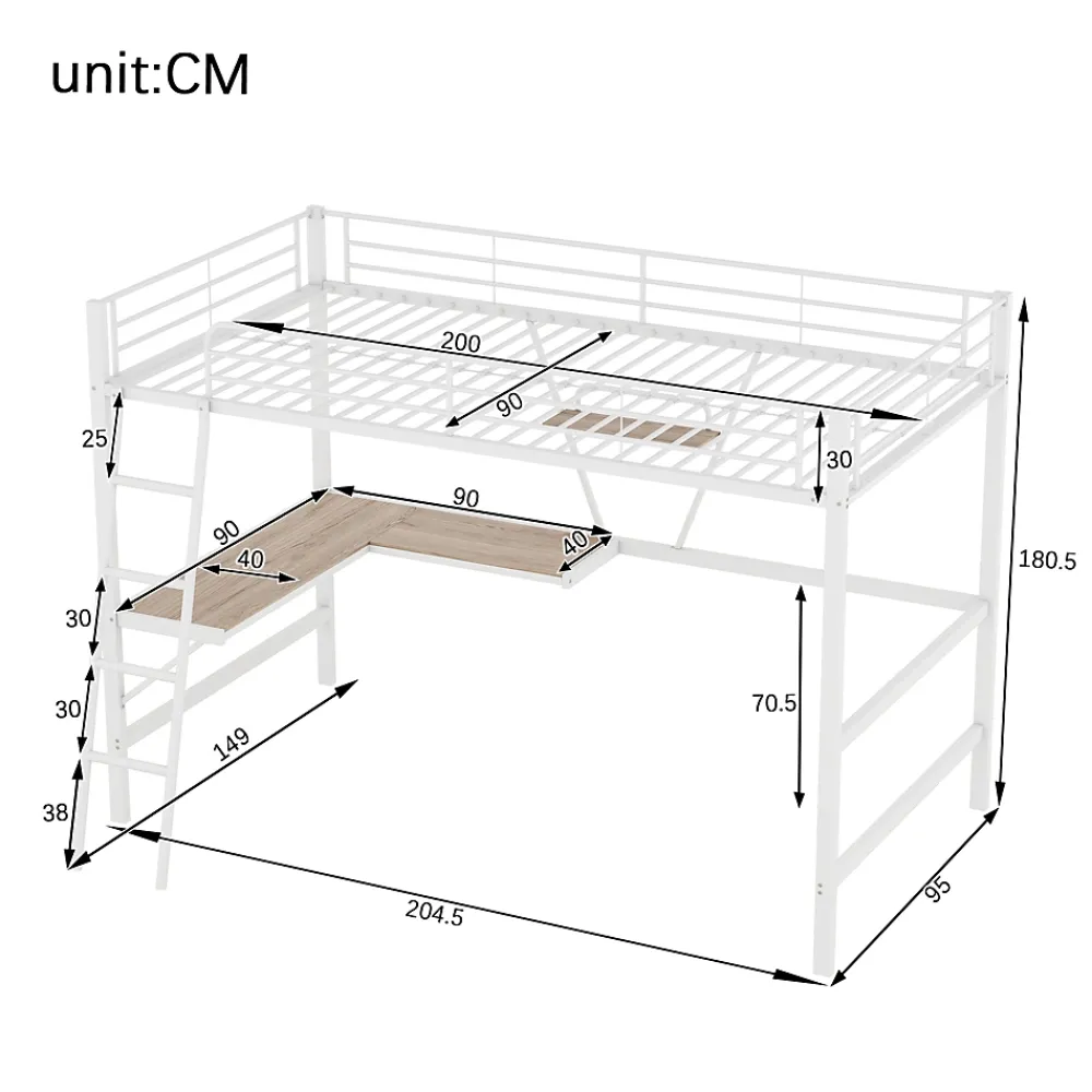 Generique Lit Mezzanine 90 x 200 cm - Lit avec Bureau en L et Étagère - Métal + MDF - Sans Matelas - Blanc* Lit Mezzanine