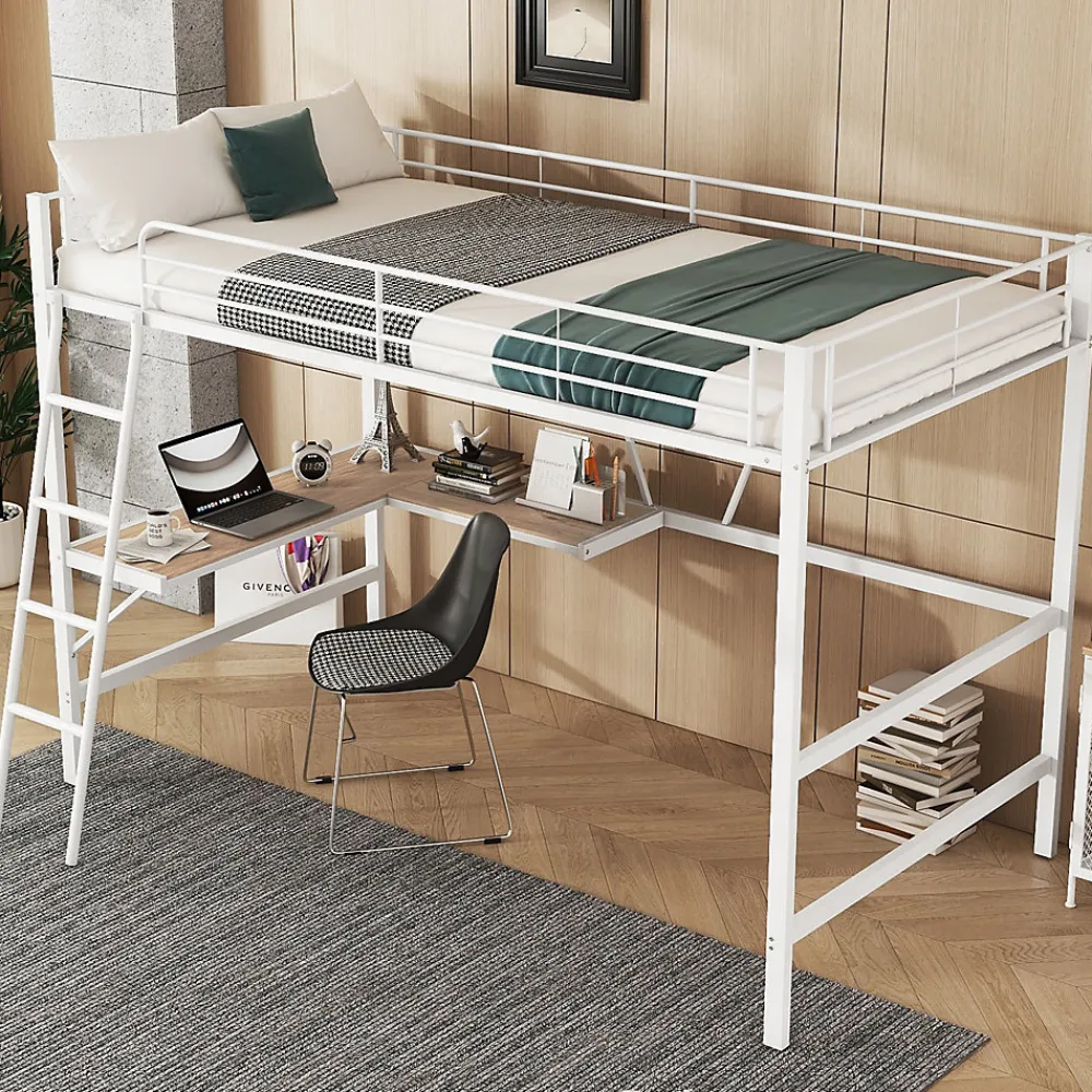 Generique Lit Mezzanine 90 x 200 cm - Lit avec Bureau en L et Étagère - Métal + MDF - Sans Matelas - Blanc* Lit Mezzanine