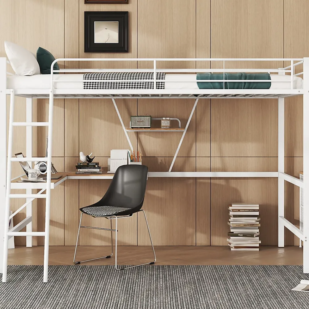 Generique Lit Mezzanine 90 x 200 cm - Lit avec Bureau en L et Étagère - Métal + MDF - Sans Matelas - Blanc* Lit Mezzanine