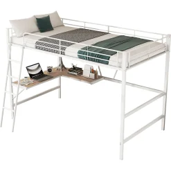 Generique Lit Mezzanine 90 x 200 cm - Lit avec Bureau en L et Étagère - Métal + MDF - Sans Matelas - Blanc* Lit Mezzanine