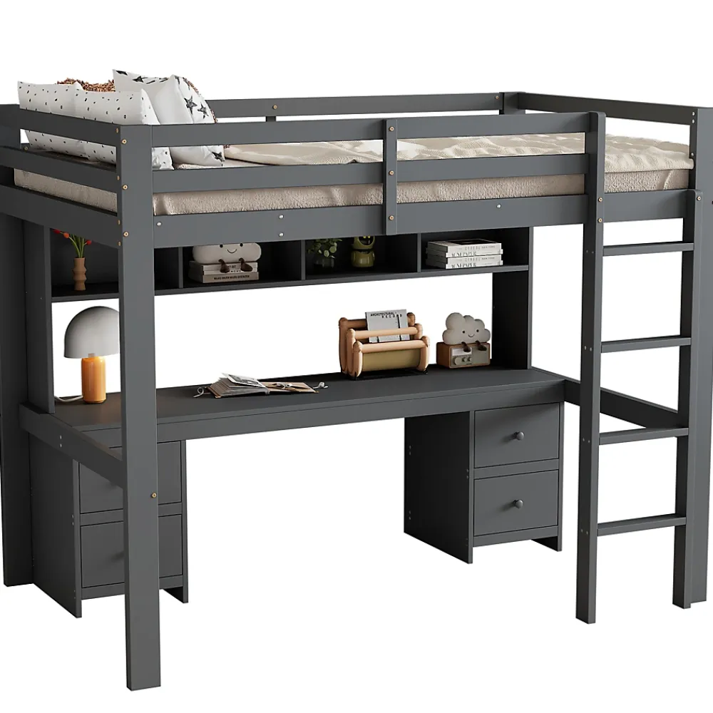 Okwish Lit mezzanine 90 x 200 cm - Lit Simple avec Escalier à Rampe Haute - Pin + MDF - Sans Matelas - Gris* Lit Mezzanine