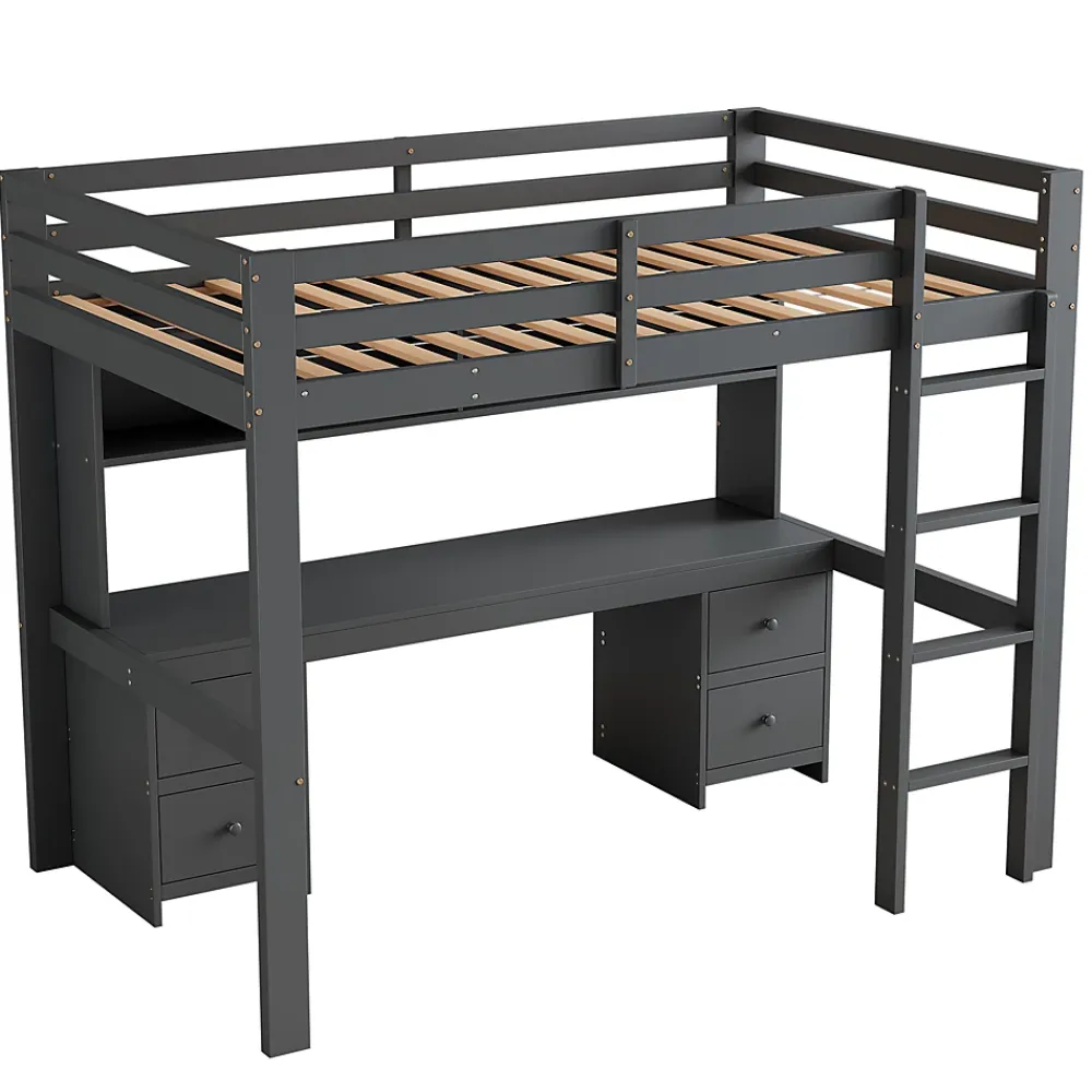 Okwish Lit mezzanine 90 x 200 cm - Lit Simple avec Escalier à Rampe Haute - Pin + MDF - Sans Matelas - Gris* Lit Mezzanine