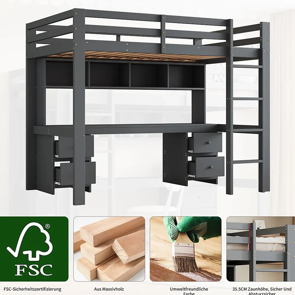 Okwish Lit mezzanine 90 x 200 cm - Lit Simple avec Escalier à Rampe Haute - Pin + MDF - Sans Matelas - Gris* Lit Mezzanine