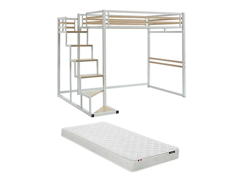 Lit mezzanine 140 x 200 cm - Métal et MDF - Blanc + Matelas - JOGUI>Vente-unique Sale