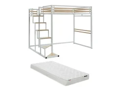 Lit mezzanine 140 x 200 cm - Métal et MDF - Blanc + Matelas - JOGUI><noscript><img width=