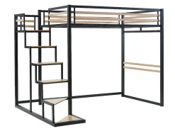 Lit mezzanine 140 x 200 cm - Métal et MDF - Noir et naturel + Matelas - JOGUI>Vente-unique New