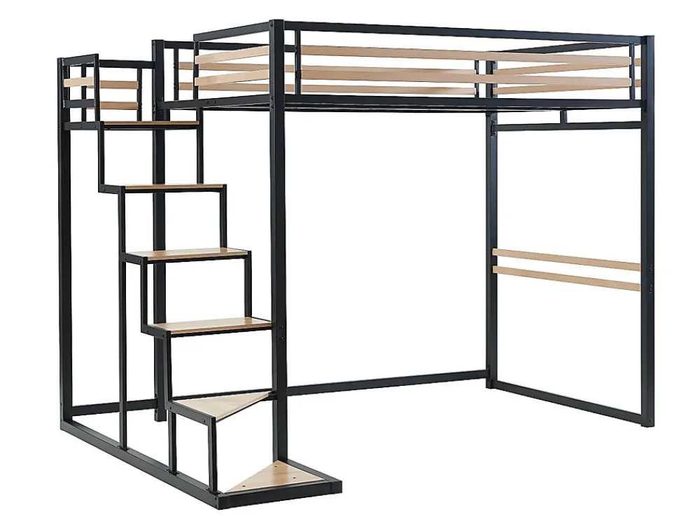 Lit mezzanine 140 x 200 cm - Métal et MDF - Noir et naturel + Matelas - JOGUI>Vente-unique New