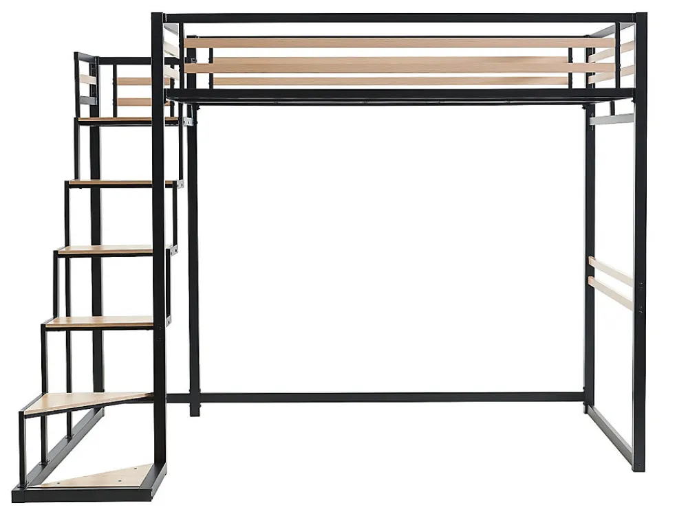 Lit mezzanine 140 x 200 cm - Métal et MDF - Noir et naturel + Matelas - JOGUI>Vente-unique New