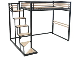 Lit mezzanine 140 x 200 cm - Métal et MDF - Noir et naturel + Matelas - JOGUI><noscript><img width=
