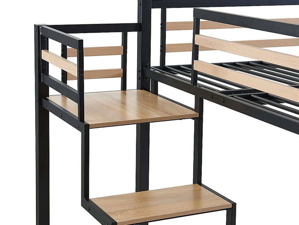 Lit mezzanine 140 x 200 cm - Métal et MDF - Noir et naturel + Matelas - JOGUI>Vente-unique New