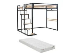 Lit mezzanine 140 x 200 cm - Métal et MDF - Noir et naturel + Matelas - JOGUI><noscript><img width=