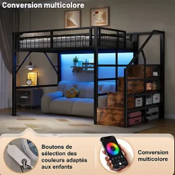 Lit mezzanine 140 x 200 cm - Structure en fer - Éclairage LED - Escalier - Noir (matelas non inclus)><noscript><img width=