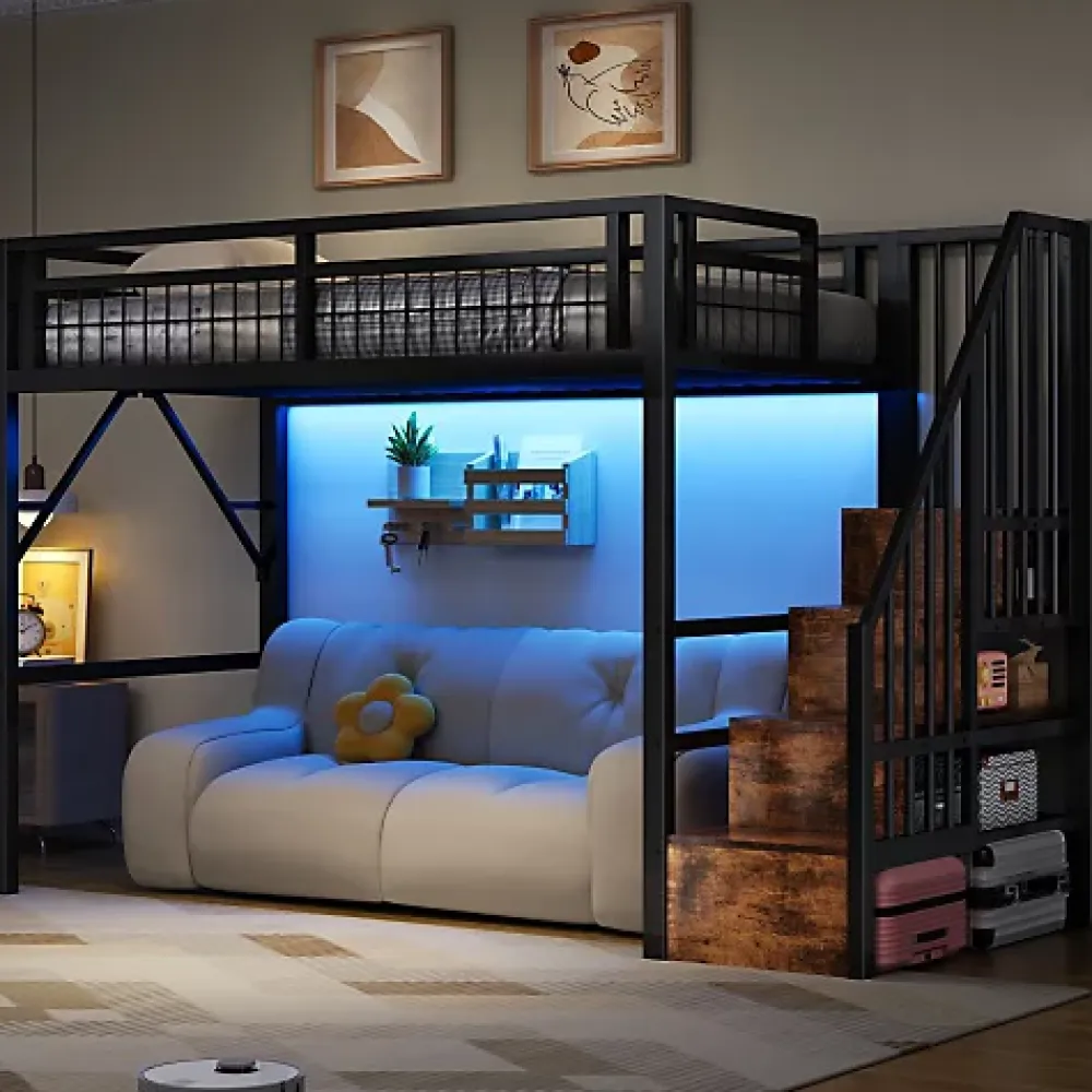 ModernLuxe Lit mezzanine 90 x 200 cm - Structure en fer - Éclairage LED - Escalier - Noir (matelas non inclus)* Lit Mezzanine