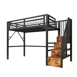 ModernLuxe Lit mezzanine 90 x 200 cm - Structure en fer - Éclairage LED - Escalier - Noir (matelas non inclus)* Lit Mezzanine