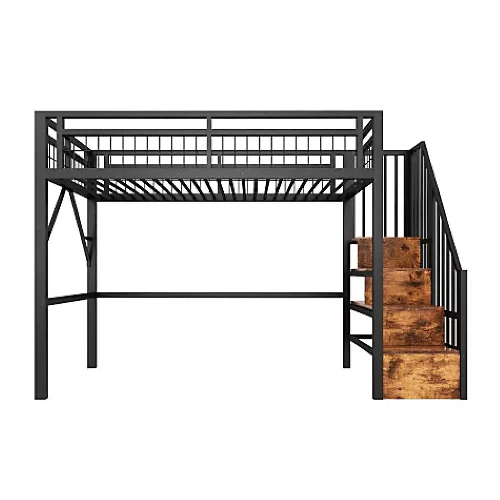 ModernLuxe Lit mezzanine 90 x 200 cm - Structure en fer - Éclairage LED - Escalier - Noir (matelas non inclus)* Lit Mezzanine