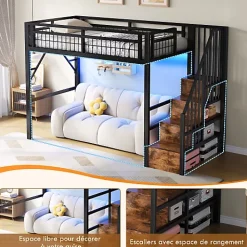 ModernLuxe Lit mezzanine 90 x 200 cm - Structure en fer - Éclairage LED - Escalier - Noir (matelas non inclus)* Lit Mezzanine