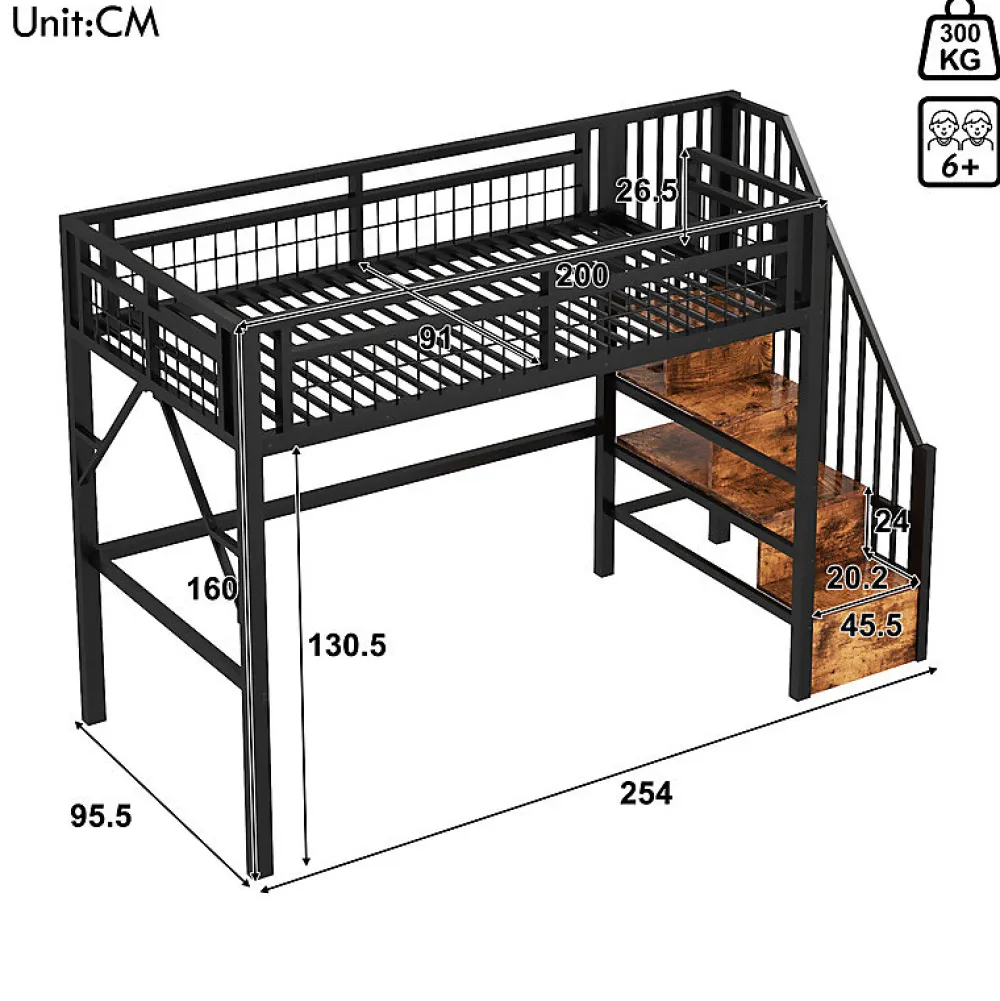 ModernLuxe Lit mezzanine 90 x 200 cm - Structure en fer - Éclairage LED - Escalier - Noir (matelas non inclus)* Lit Mezzanine