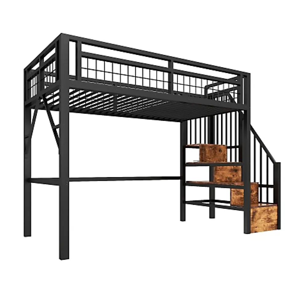 ModernLuxe Lit mezzanine 90 x 200 cm - Structure en fer - Éclairage LED - Escalier - Noir (matelas non inclus)* Lit Mezzanine